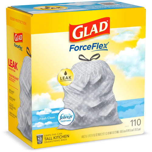 Glad ForceFlex Tall Kitchen Drawstring Trash Bags - 13 Gallon Trash Bag, Fresh Clean scent